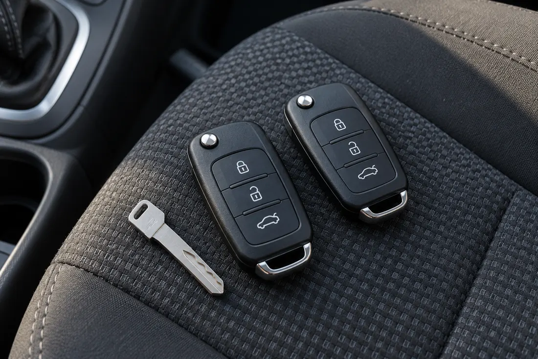 Two vehicle remote keys and a mechanical spare blade on a car seat