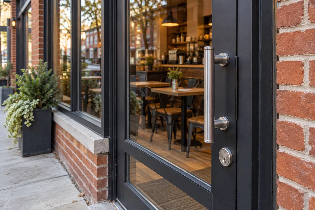 Glass storefront entrance with a metal pull handle