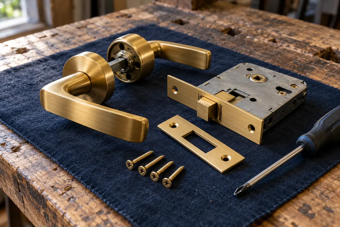 Brass lever handles and mortise lock hardware on a workbench