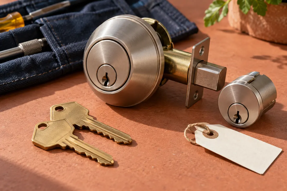House keys beside a deadbolt and cylinder