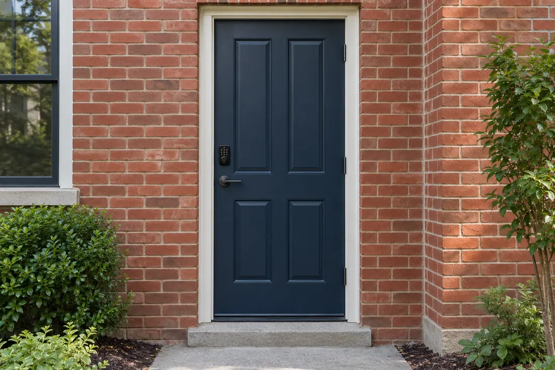 Full-height navy door with a keypad above its lever handle